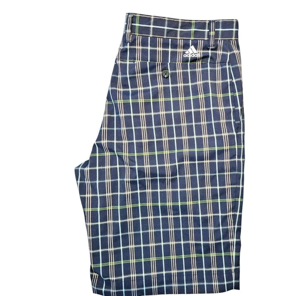 Adidas Golf Shorts Mens 34 Navy Blue Plaid Performance Flat Front Stretchy